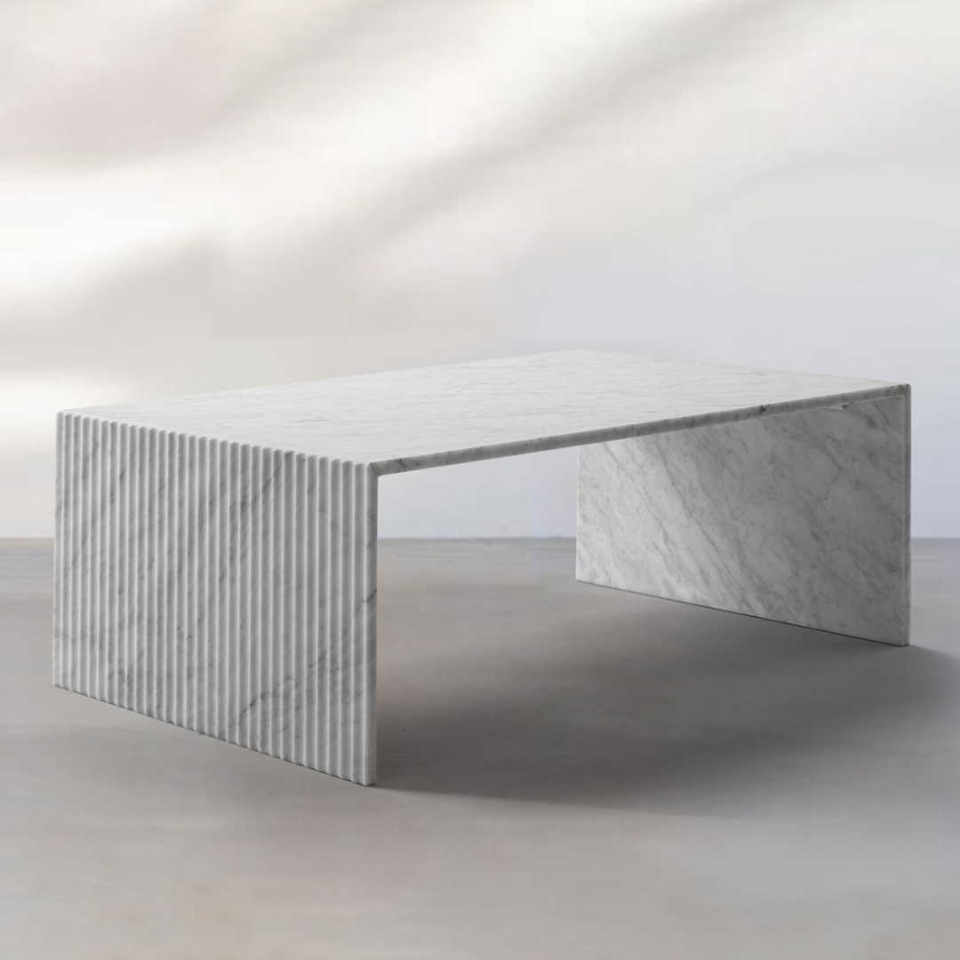 Geo Minimalist Fluted Rectangular Carrara Marble Coffee Table