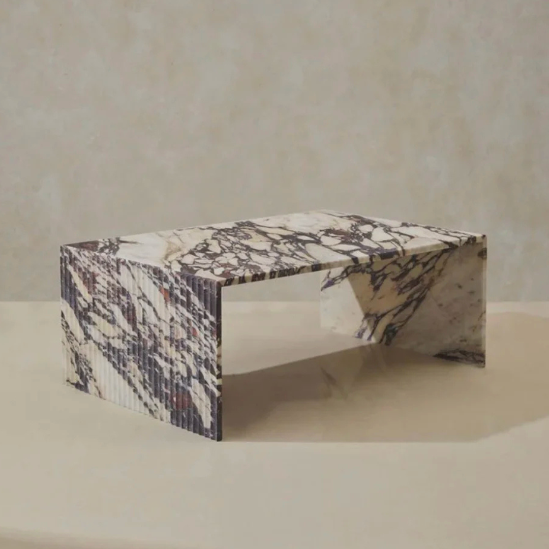 Geo Minimalist Fluted Rectangular Calacatta Viola Marble Coffee Table
