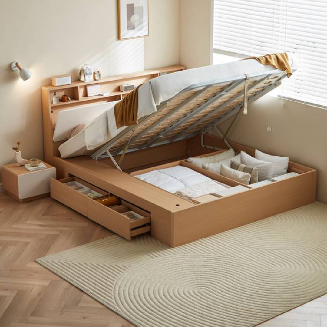 Nifty Wooden Hydraulic Bed With Storage